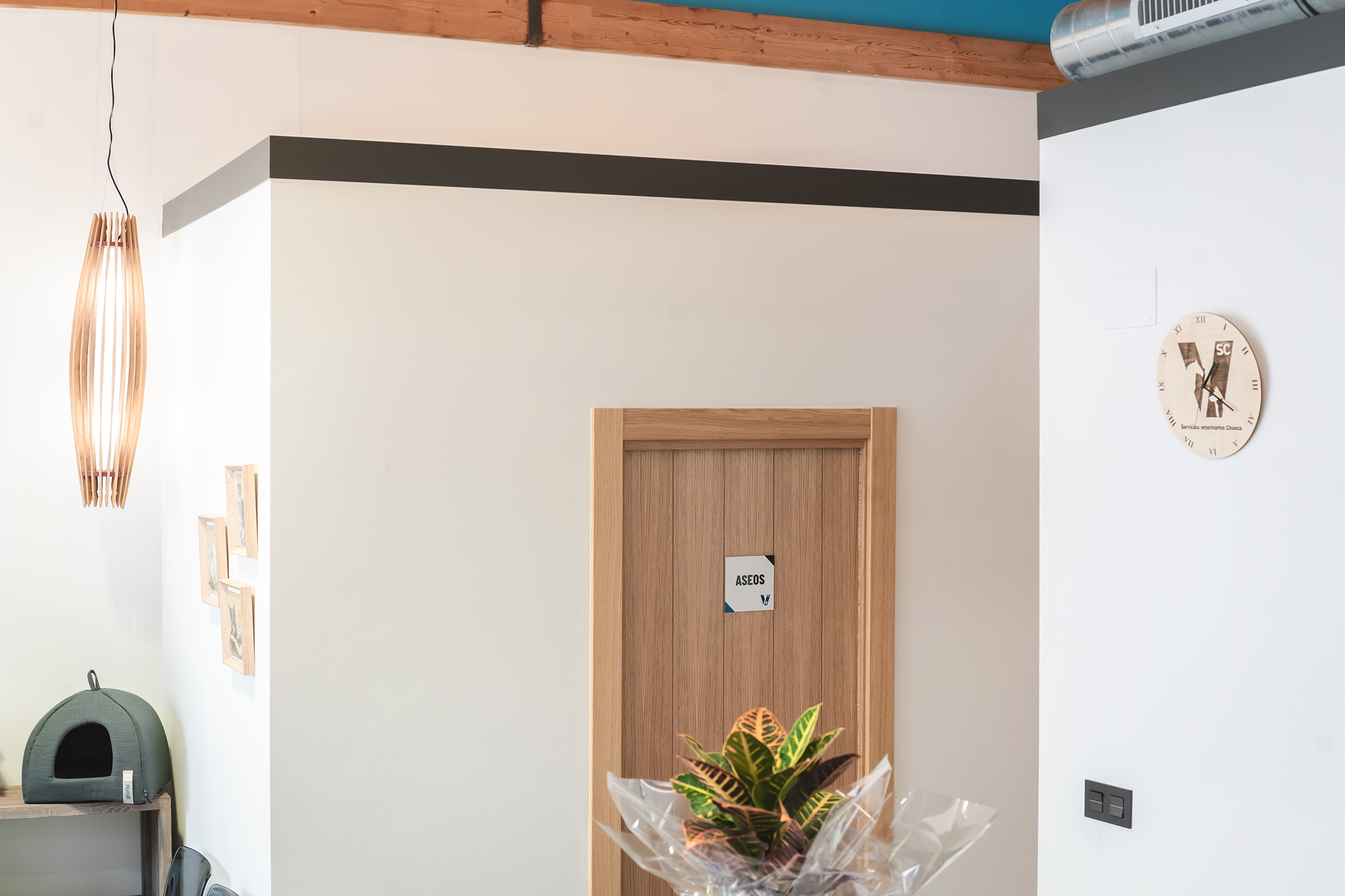 Detalle del pasillo con paredes blancas y puertas de madera natural